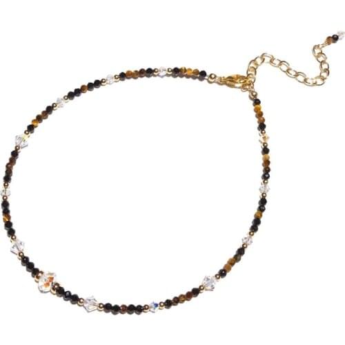 Lii Ji Natural Tigers Eye Black Spinel 2mm Tiny Beads Austrian Crystal 14K Gold Filled Anklet Bracelet 24+5cm