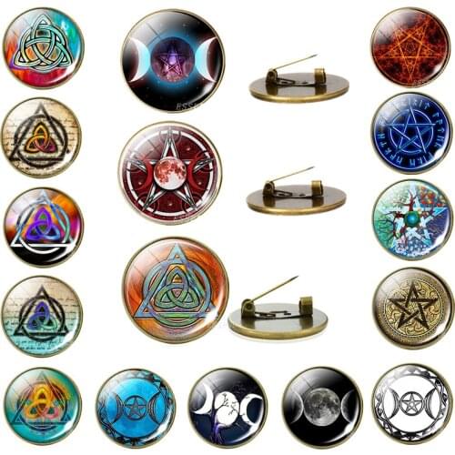 Germanic Paganism Celtic Knotwork Triangle Jewelry Triple Moon Goddess Glass dome Brooches Occult Gothic Wicca brooch