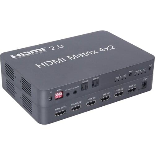HDMI 2.0 Matrix 4x2 Scaler 4K 60Hz HDMI Switch Splitter Matrix support audio independent out by Optical or Stereo LPCM/DTS