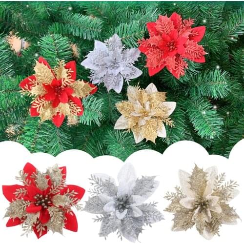 5/10pcs Artificial Christmas Flowers Christmas Tree Ornaments Glitter Fake Flowers Merry Christmas Tree Decoration Xmas New Year