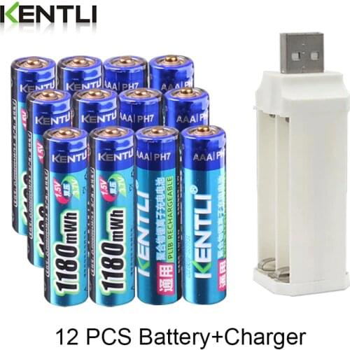 KENTLI 12pcs 1.5v 1180mWh aaa polymer lithium li-ion rechargeable batteries battery + 4 slots lithium li-ion charger