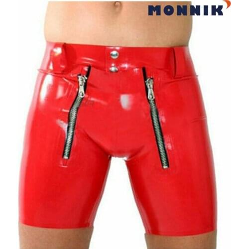 MONNIK latexLatex Men Boxer Shorts Red Underwear Rear Zipper Over Stop Handsome Shorts