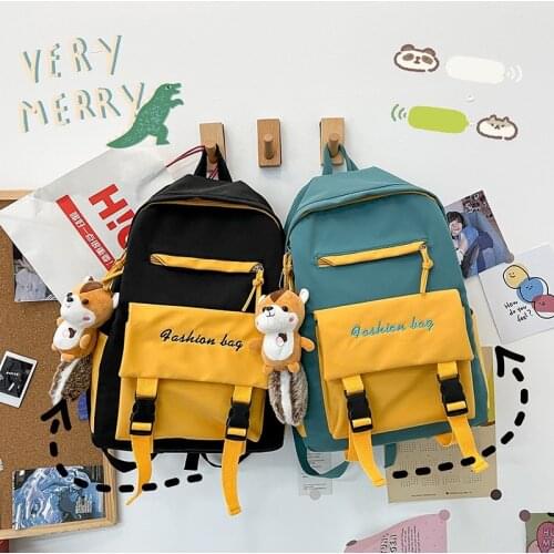 Fashion Womens Backpack Summer Contrast Color Nylon Waterproof School Bag For Girls Large Capacity Cute Pendant School Backpack