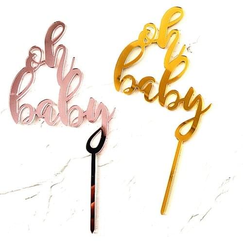 INS New OH Baby Acrylic Cake Topper Pink Gold Mirror Cupcake Topper For Baby Shower Kids Girls Birthday Party Cake Decorations