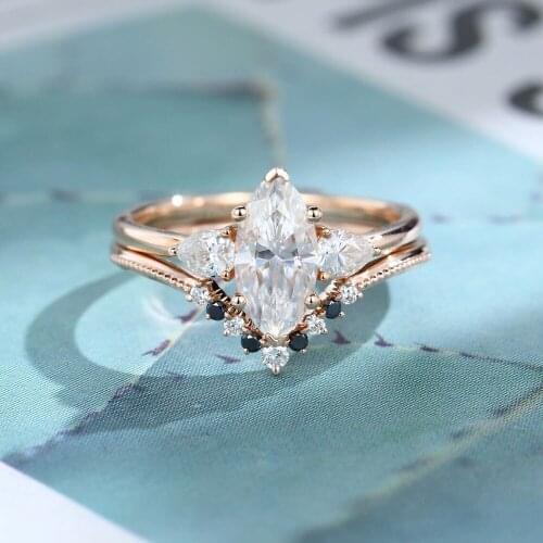 Veryins Marquise cut Moissanite Engagement Ring Vintage Rose Gold Black Diamond Ring Pear Shaped Moissanite Wedding Bridal Ring