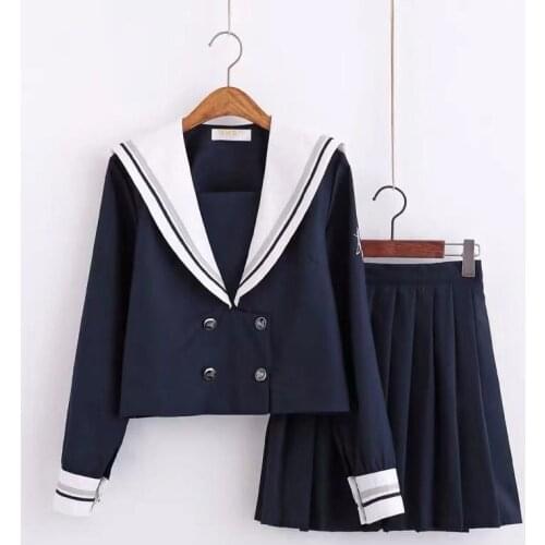 Hot 2021 Spring Academic Style Japanese Schoolgirl Uniforms Short Long Pleated Skirt Tops Sets Navy Sailor Student Clothes S-XXL
