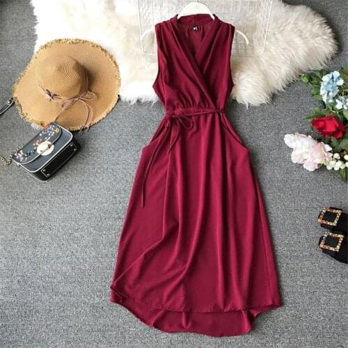 Fashion Slim V Neck Summer Chiffon Midi Long Dress Party Women Beach Tank Sundress Vestido De Festa Casual Tie Elegant Vestidos
