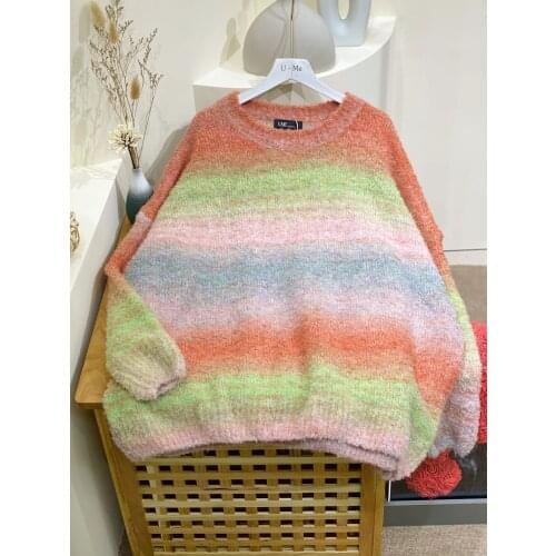 Casual Rainbow Stripe Sweater Big Size New Arrival Autumn Korea Fashion Women Long Sleeve Loose Pullover All-Matched