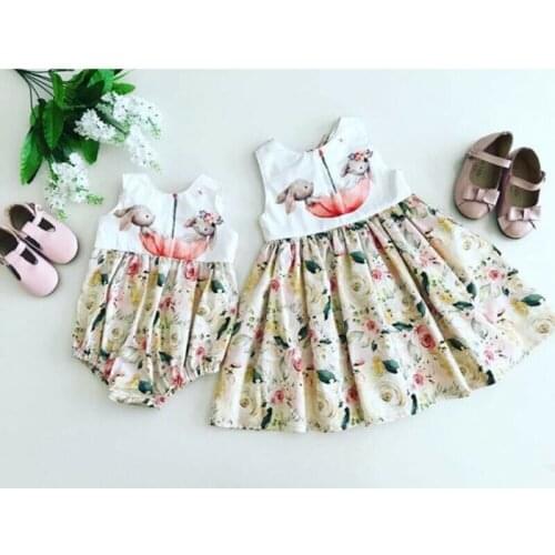 Dropshipping Girl Clothes Summer Newborn Baby Girl Bunny Clothes Sister Matching Set Romper Dress Outfits