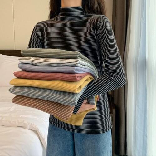 Bottomshirt women inside the autumn/winter new Korean-trimmed trim striped plus velvet long-sleeved t-shirt Teenage girl women
