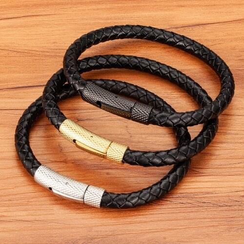 TYO Classic Style Leather Bracelet For Men Simple Design Stainless Steel Button Jewelry Accessories Hand-woven Women Bangles