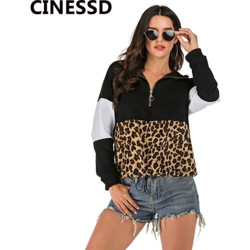 CINESSD Women Leopard Hooded Sweatshirts Hoodies Black Long Sleeve Patchwork Zipper Elastic Tie 2019 Casual Tops Pullover Hoodie