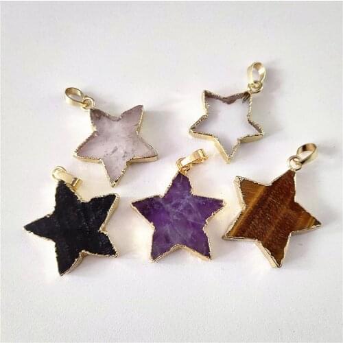 FUWO Carved Pentagram Rose Crystal Quartz Pendant With Gold Filled Edge Real Crystal Stone Pendants For Women Necklace PD196