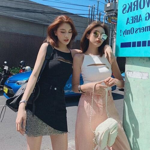 Sexy Women Knitted Tank top Personality Zipper Spaghetti Strap Camisoles Off Shoulder Crop Top