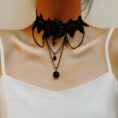 Gothic Chokers Black Stone Sexy Lace Neck Choker Necklace Vintage Victorian Women Chocker Steampunk Halloween Jewelry