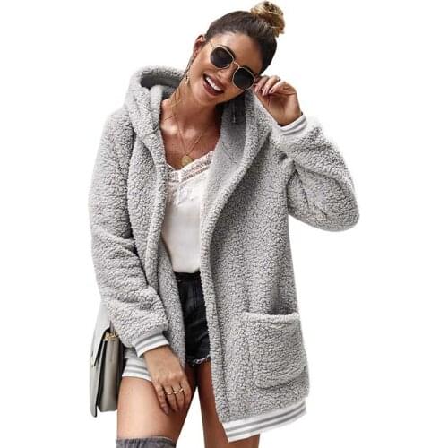 Winter Casual Hooded Coat Thicken Warm Clothing Female Outerwear Plush Coat Long Sleeve Warm Fluffy Coral Fleece Cardigan Tops