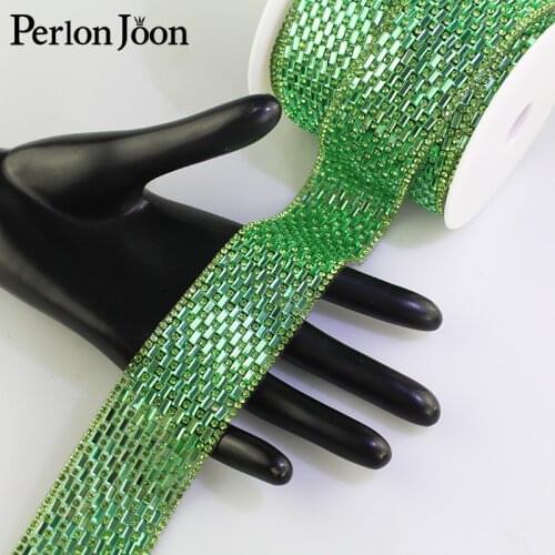 1yard size 4.5cm green hot fix rhinestone glass ribbon crystal rhinestone trim tape decorative shoes clothing Accessories TR014