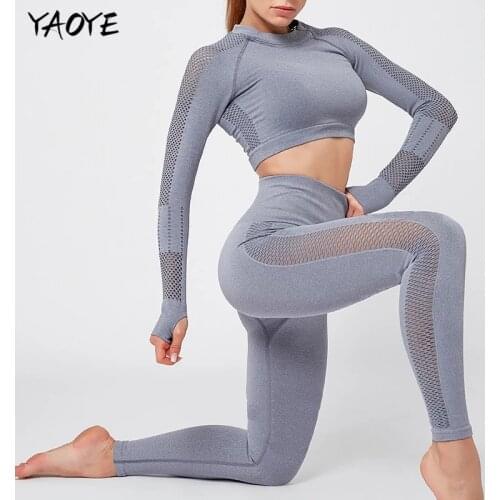 YAOYE 2Pcs Long Sleeve Yoga Shirts + Trousers Seamless Women Yoga Sets Female Sport Gym Mesh Suits Wear Running Fitness Clothes