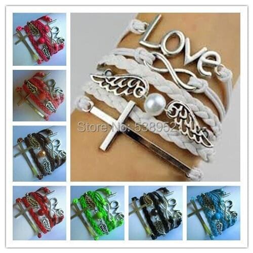 20pcs( Mixed 8 styles)Wings cross Infinite Love Ballet girl Glass Bracelet Leather Combined Bracelet Bangle Wristbands Wholesale