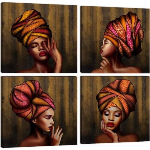 4 Pieces Dark Gold African American Black Women Posters Canvas Wall Art Picture Home Decor Painting for Girls Bedroom Decoration