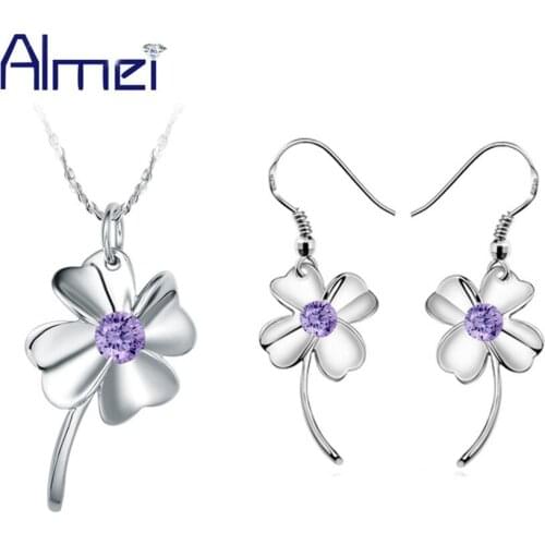 Almei 2017 Sale Necklace Earrings Sets Flower Silver Color Wedding Bridal Purple Crystal Jewelry Set For Women Ladies Gifts T015