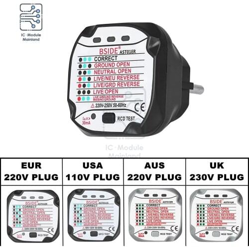 AST01 Socket Tester EU US UK AU Plug RCD GFCI Test Outlet Detector Ground Zero Line Plug Polarity Phase Check Wall Plug