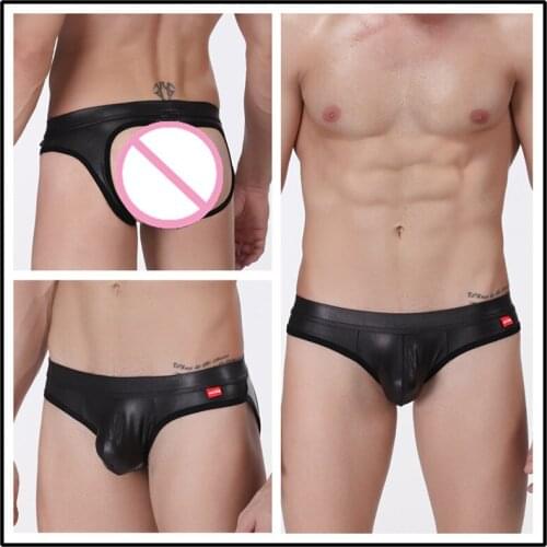 New Mens Faux Leather Bondage Briefs Underwear Sexy Jockstrap Wrapped Penis Pocket Open Butt Thongs Erotic Gay Male Lingerie