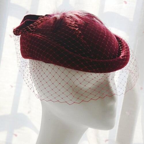 Brand Lady Wool Fedoras Cap Veil Flower Bowler Hat Banquet Wedding Bride Vintage Beret Hat For Women Red Church Hat Headpiece