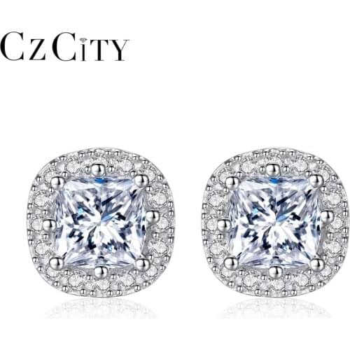 CZCITY Classic Luxury Clear AAA Cubic Zirconia Main Square Stone S925 Sterling Silver Stud Earrings for Women for Wedding Gift