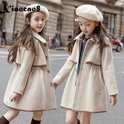 2021 New Autumn Spring Kids Woolen Coat for Girls Solid Turn-Down Collar Long Jackets Outwear Children Toddler Winter Clothes