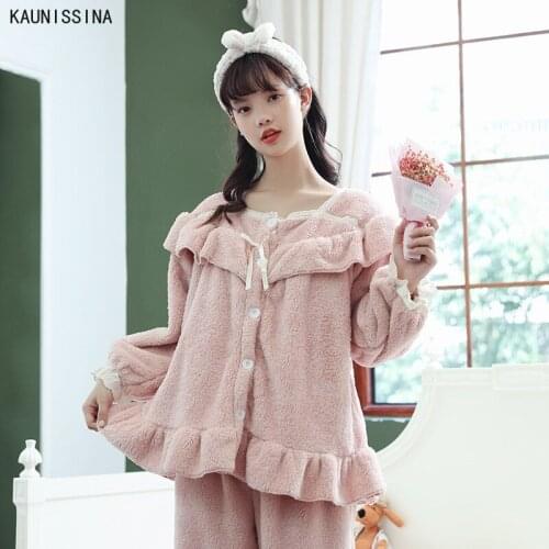 Women Winter Sleepwear Coral Velvet Soft Pajamas Sets Korean Style Two Piece Thick Warm Homewear Female Loungewear Suits