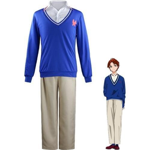 Anime Cosplay Costume Wonder Egg Priority Sawaki Momoe Uniform Suit Campus Style Blue Knitted Top Wig