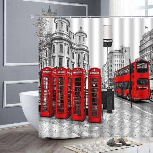 London Big Ben Red Telephone Booth Retro Bathroom Shower Curtain Waterproof Polyester Fabric Curtains for Bathtub Art Home Decor