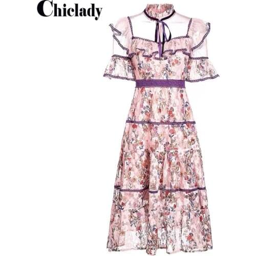 CHICLADY sweet floral midi dress flare mesh patchwork lace emroidery high quality dresses for women sommerkleid summer robe