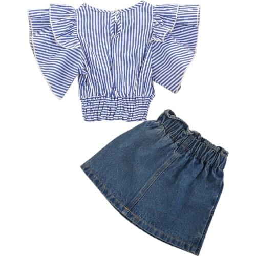 Fahion Kids Baby Girls 2-piece Outfit Set Fly Sleeve Striped Tops+Denim Skirt Set Summer Casual Clothing