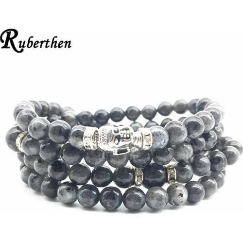 Ruberthen Fashion Men`s Yoga Bracelet 6 mm Round Gray Larvikite Bracelet Buddha Balance Spiritual Bracelet Drop Shipping