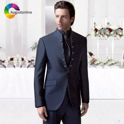 Stand collor Costume Homme Custom Made Navy Blue Men Wedding Suits Slim Fit Groom Tuxedo 2Piece Jacket Pants Best Man Blazer
