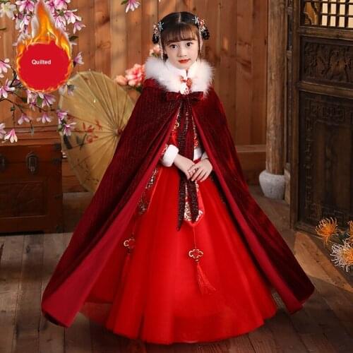 Girls Winter Hanfu Cape Hooded Embroider Thicken Fur Collar Warm Cloak Chinese Children Ancient Mantle Kids New Years Wear