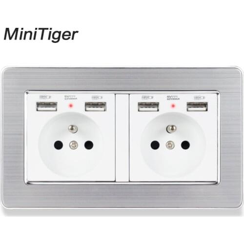 Minitiger 2 Gang French Standard Wall Socket With 4 USB Charge Port Hidden Soft LED Stainless Steel Brushed Panel