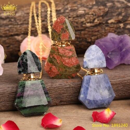 Natural White Pink Quartz Sodalite Stone Perfume Bottle Pendant Jewelry,Delicate Women Gold Essential Oil Diffuser Vial Jewelry