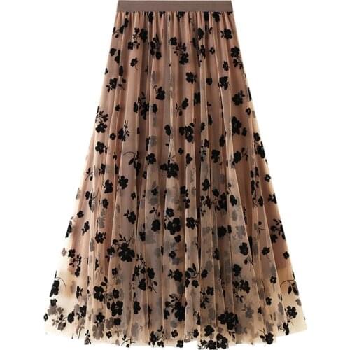 New 2021 Fashion Elegant Floral Summer Tulle Skirt Womens Spring Summer High Waist Pleated Skirts Ladies Blue Maxi Skirt Female