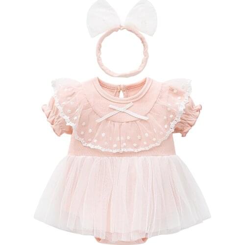 Baby clothes girls wedding daily photo shooting bodysuit +headband cotton jumpers summer 3 6 9M baby playsuit