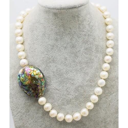 Freshwater pearl white near round 11-12mm and abalone egg necklace 18inch nature beads wholesale