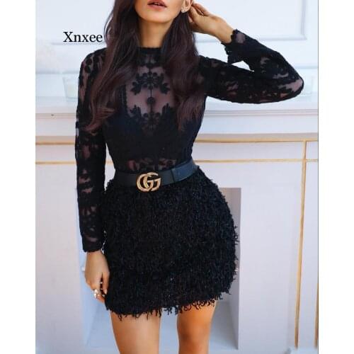 See Through Lace Top With Faux Fur Skirt Set Embroidery Black Mesh Long Sleeve Tops Two Piece Sets no Belt