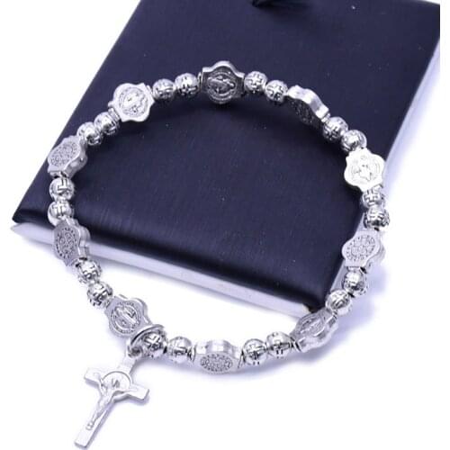 Religious Saint Benedict Beads Ancient Silver Color Crucifix Jesus Cross Bracelet Christ Icon Prayer Rosary Bracelets Jewelry