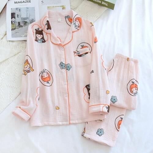 Cute Cartoon Homewear for Women Long Sleeve 100% Cotton Pajamas Set Female Plus Size Sleepwear 2021 New Spring Summer Home Suit