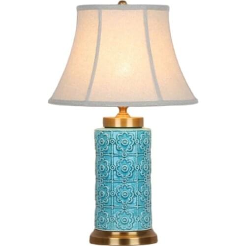 Chinese Style Blue Cylindrical Ceramic Table Lamp For BedRoom Bedside Living Room Foyer Study Desk Reading Night Light190174