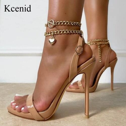 Kcenid Patent Leather Summer Womens Shoes Metal Chain Ankle Strap Sexy High Heels Open Toe Ladies Party Shoes Apricot Black