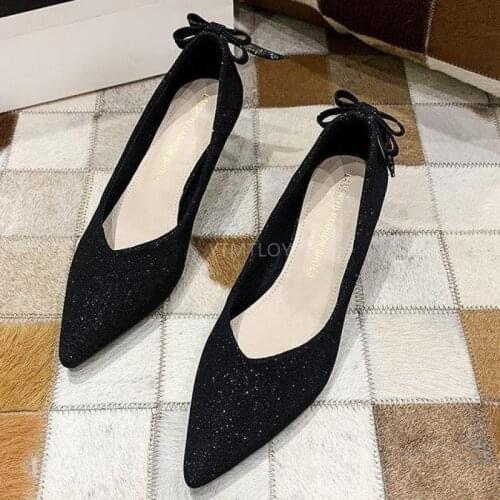 Spring And Autumn New Fashion All-Match Rhinestone Pointed Toe Large Size With Heel Shoes Butterfly-Knot Zapatilla Mujer