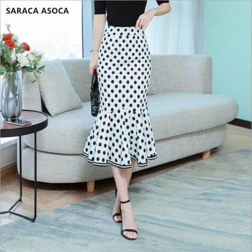 Summer Dot Bust Long Trumpet Skirt Women High Waist Mid-Calf Ruffles Wave Point A-Line Slim Hip Mermaid Skirt For Girls
